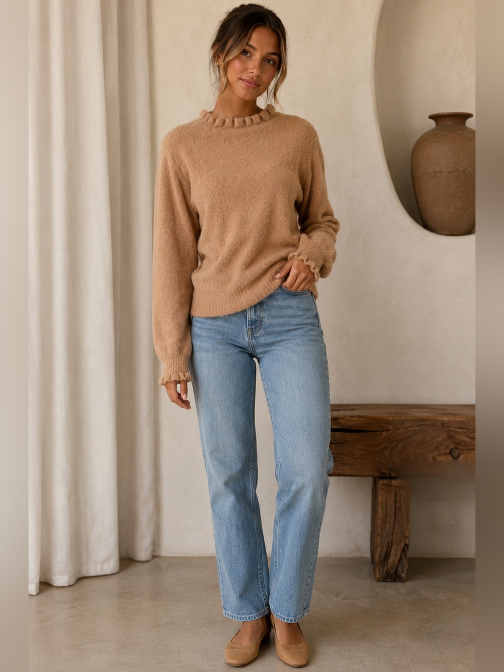 DOEN Alpaca Wool Blend Ruffle Trim Sweater Camel Puff Sleeve Knit Small